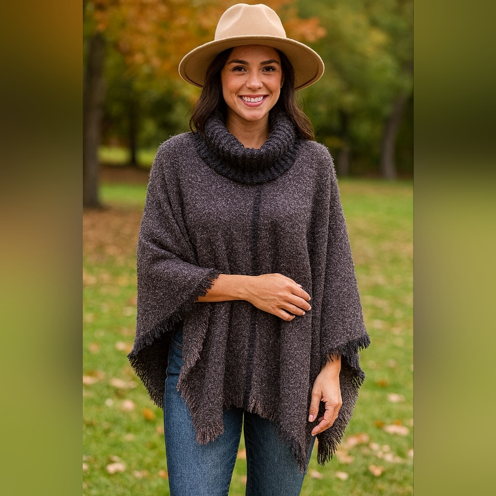 Soft Surroundings Sweater Poncho Cape Boho Oversized Cozy Knit Ruana Wrap Fringe